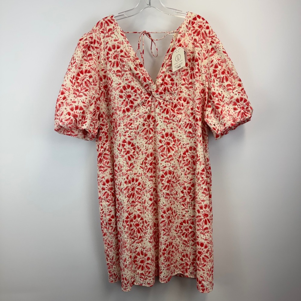 FatFace Tulip Floral Dress Ivory Red Eyelet Cotton VNeck Puff Sleeve‎ 20R NWT
